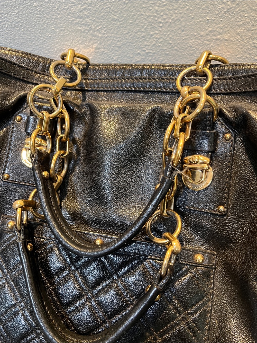 Marc Jacobs Black Quilted Leather Tote with Gold Chain Hardware - Picture 4 of 10